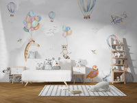 Savanna animals wall mural with sky adventure theme.