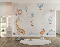 Cute jungle celebration wall mural pastel animal wallpaper.