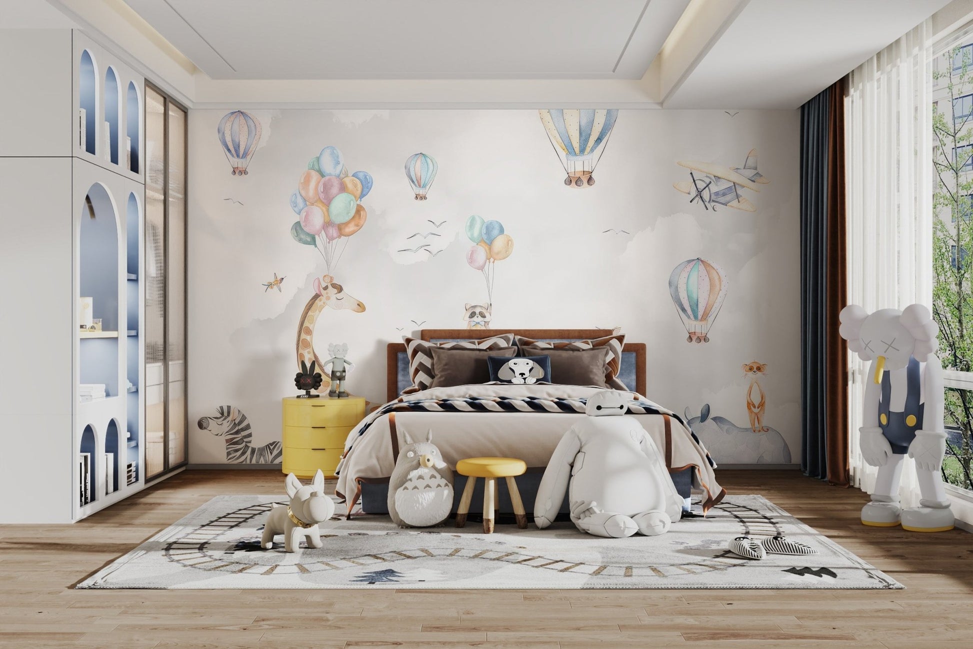 Animal party adventure wall mural safari balloon wallpaper.