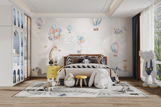 Animal party adventure wall mural safari balloon wallpaper.