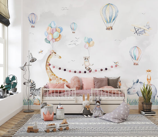 Whimsical safari grassland wall mural illustrated wallpaper.