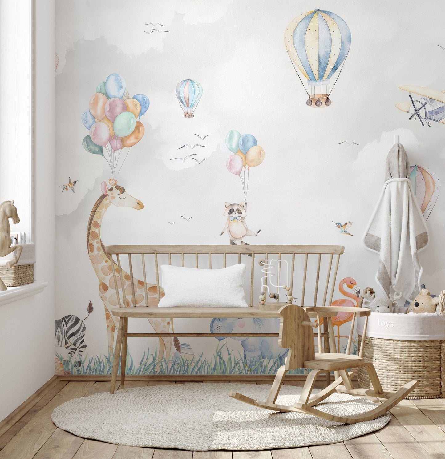 Dreamy jungle animal party wall mural watercolor wallpaper.