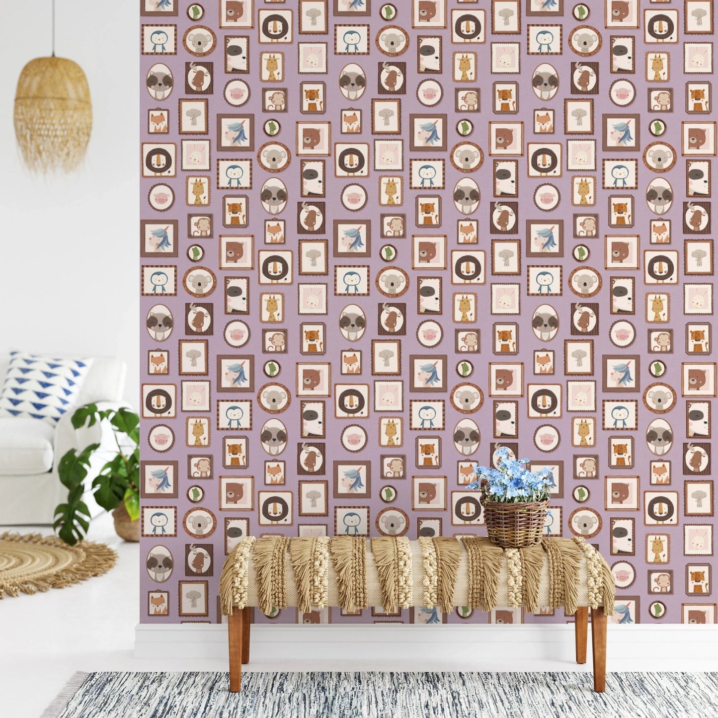 Hand-drawn animal gallery art on lavender wall murals.