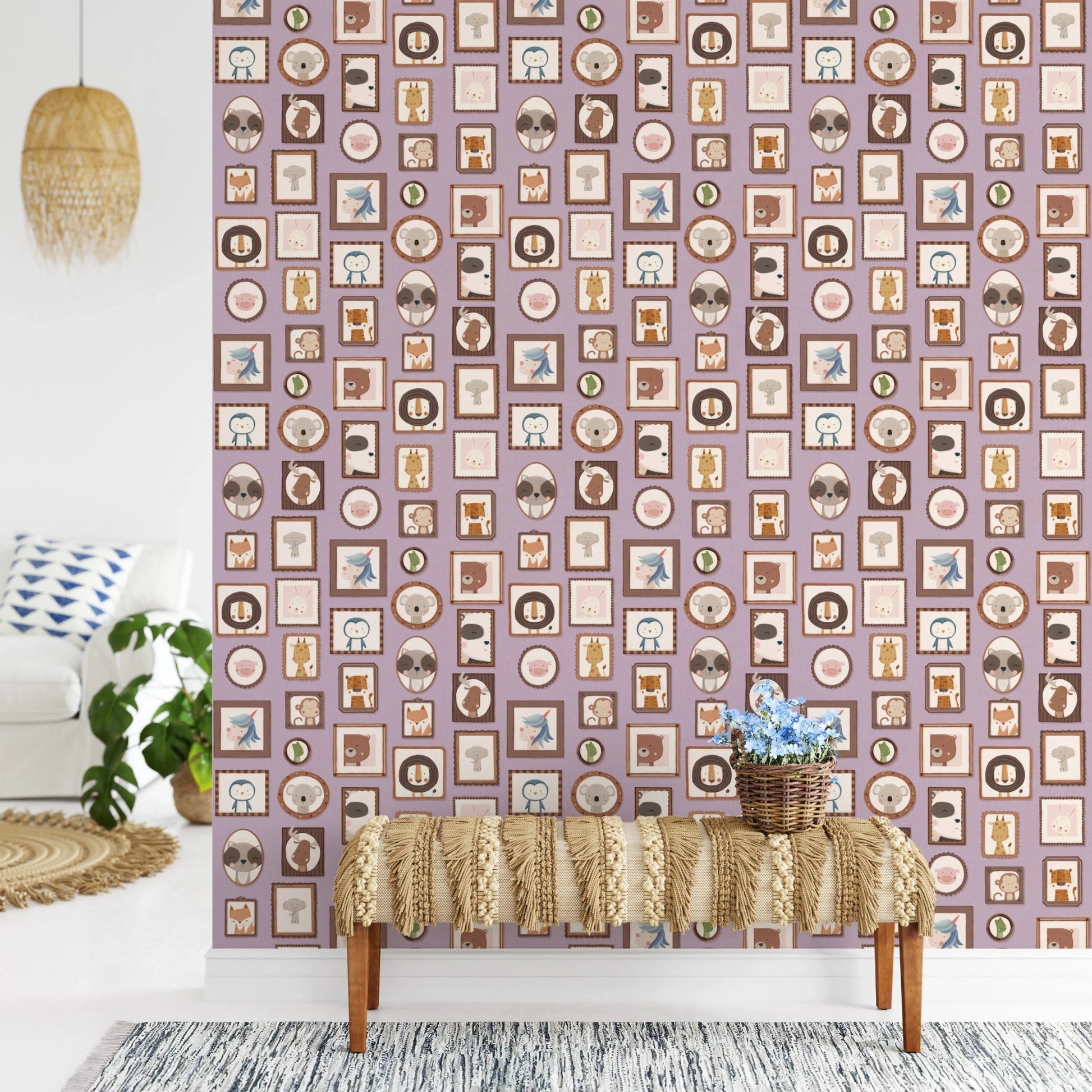 Hand-drawn animal gallery art on lavender wall murals.