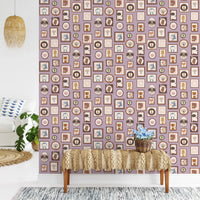 Hand-drawn animal gallery art on lavender wall murals.