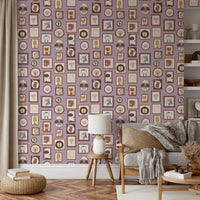 Seamless purple wall murals featuring framed forest creatures.