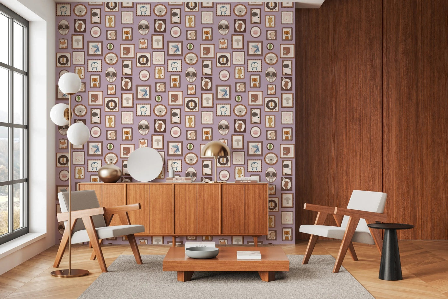 Repeating pattern of framed animal faces wallpaper murals.