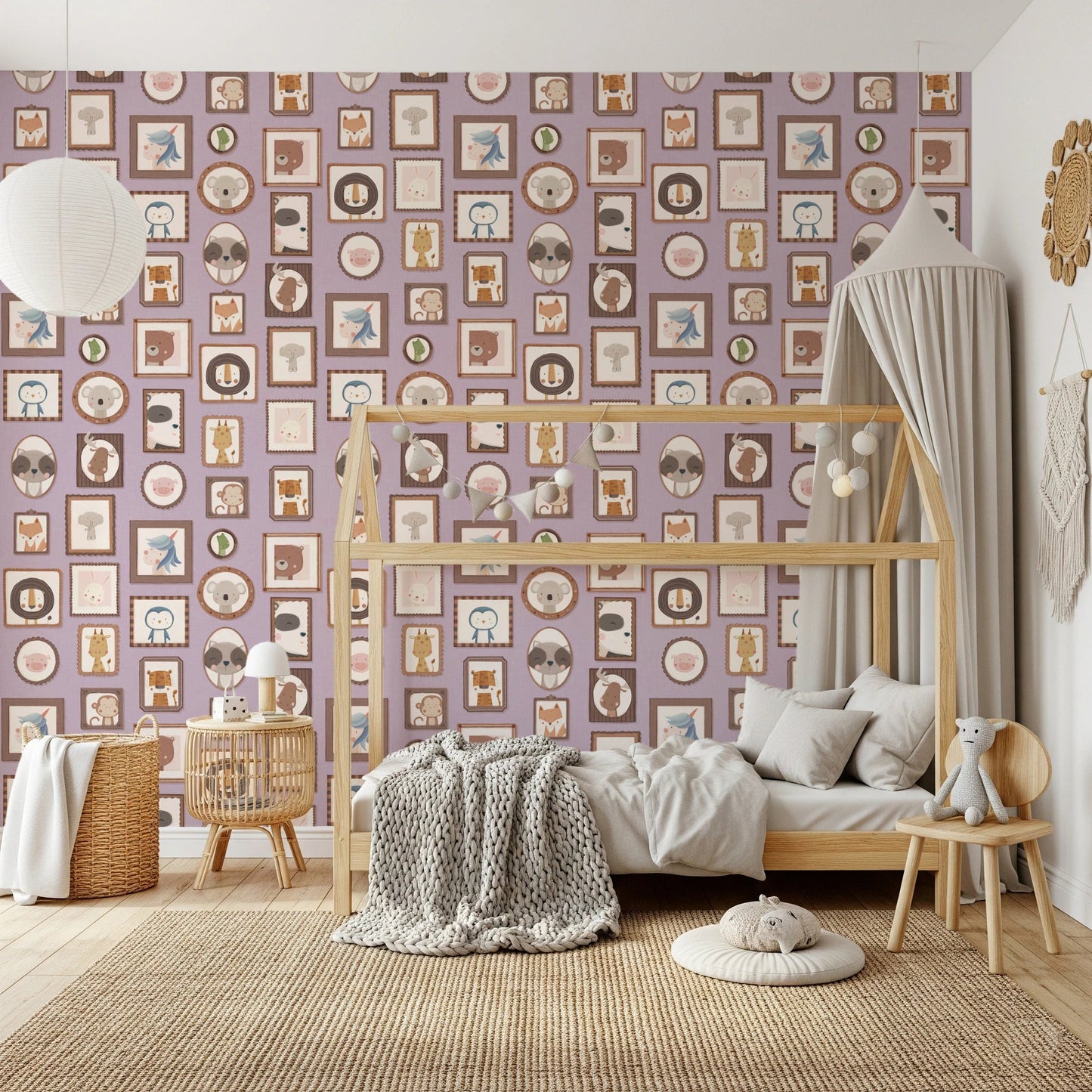 Decorative framed animal character designs for wall murals.