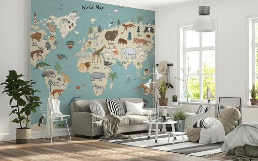 Animal World Explorer wall mural featuring a soft beige world map background.