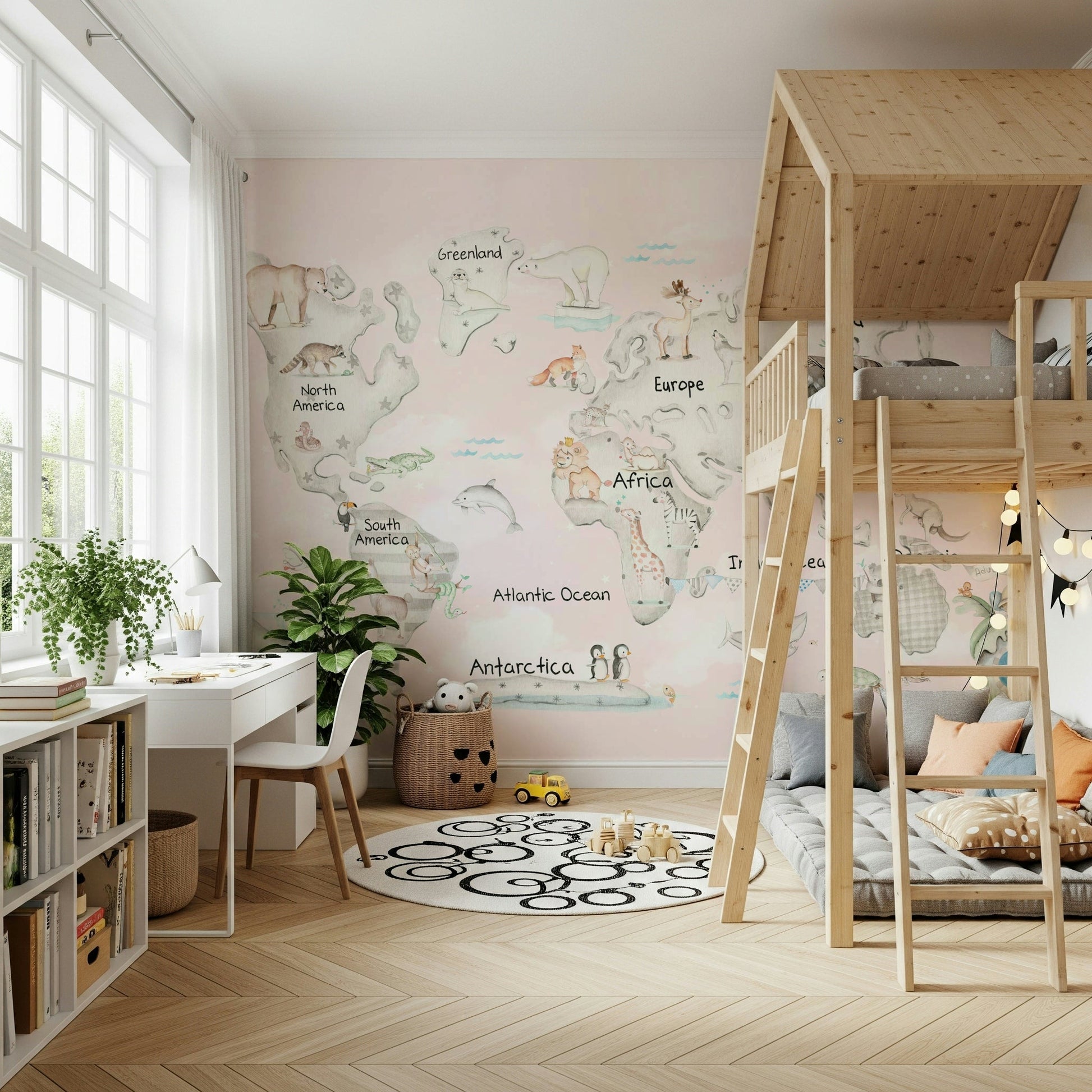 Vibrant world map mural in a primary nursery.