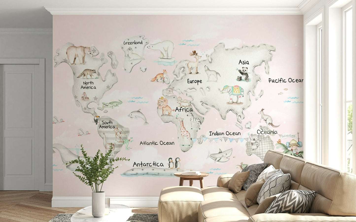 Adventure world map mural in soft blue tones.