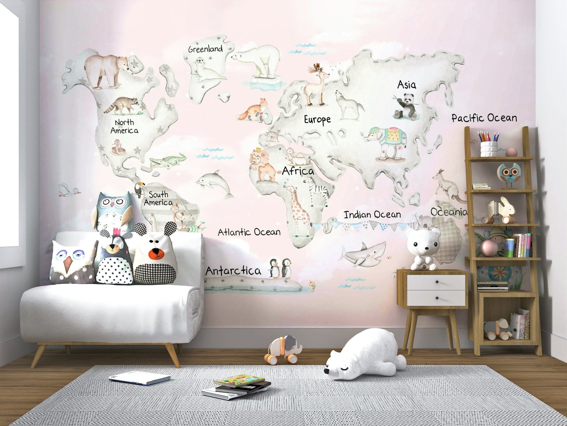 Pastel Adventure map mural in a baby room.