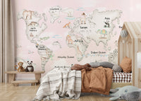 Vibrant world map mural in a primary nursery