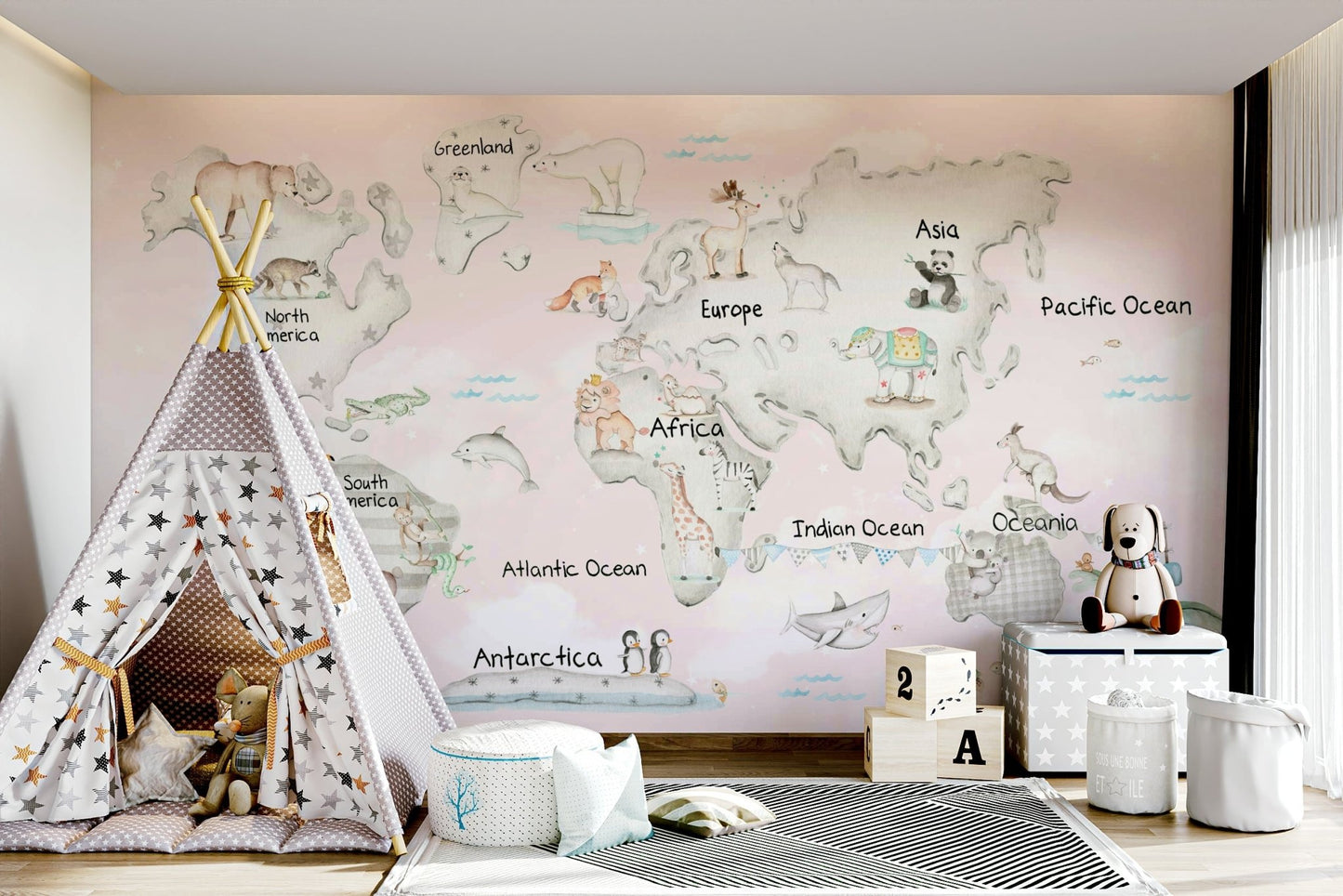 Minimalist grey map mural for a baby's room.