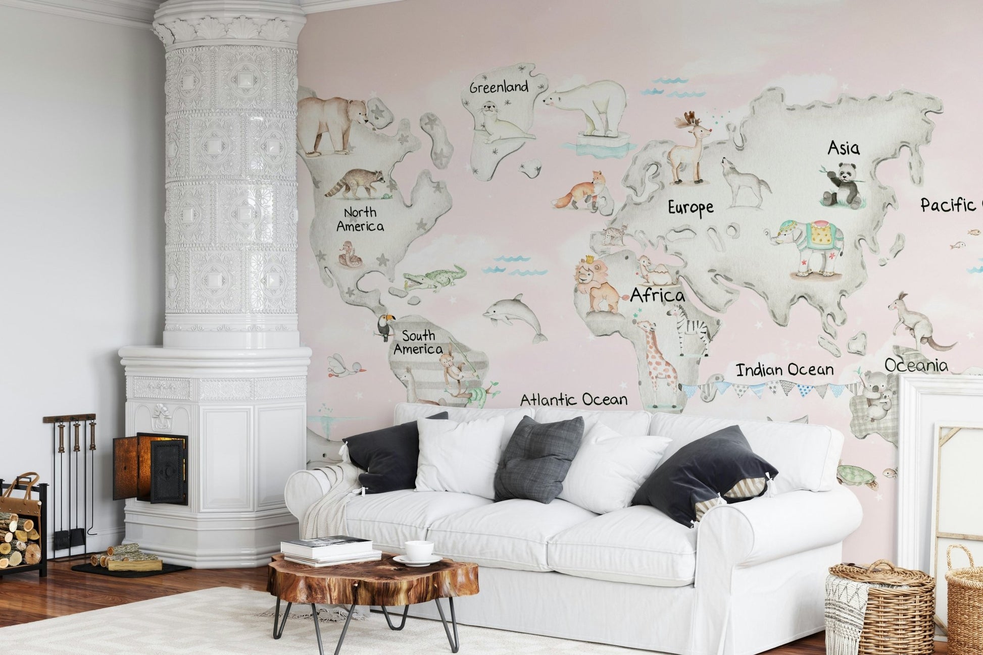 Soft teal world map mural in a chic playroom.
