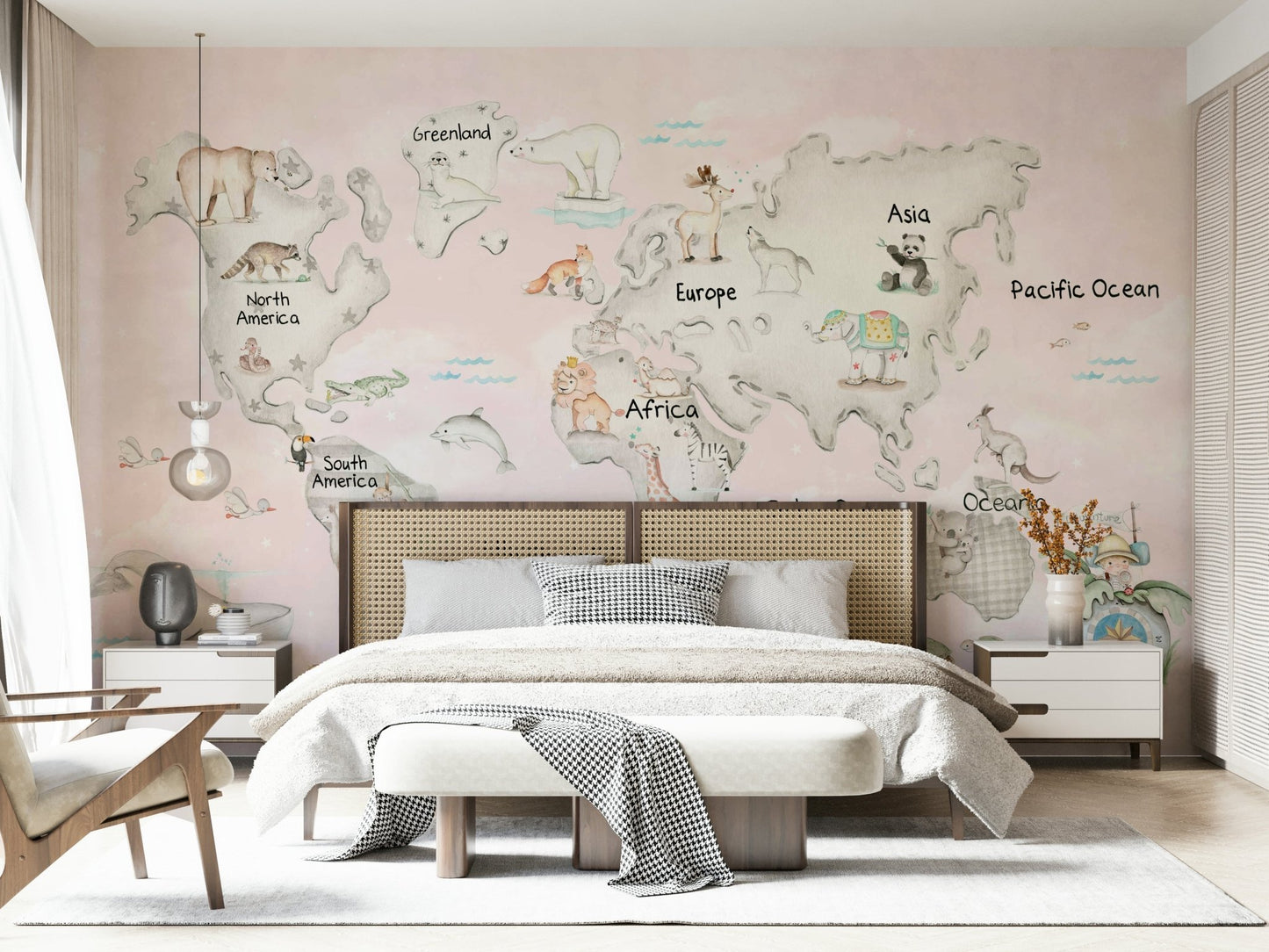 Playful animal map mural for toddlers bedroom.