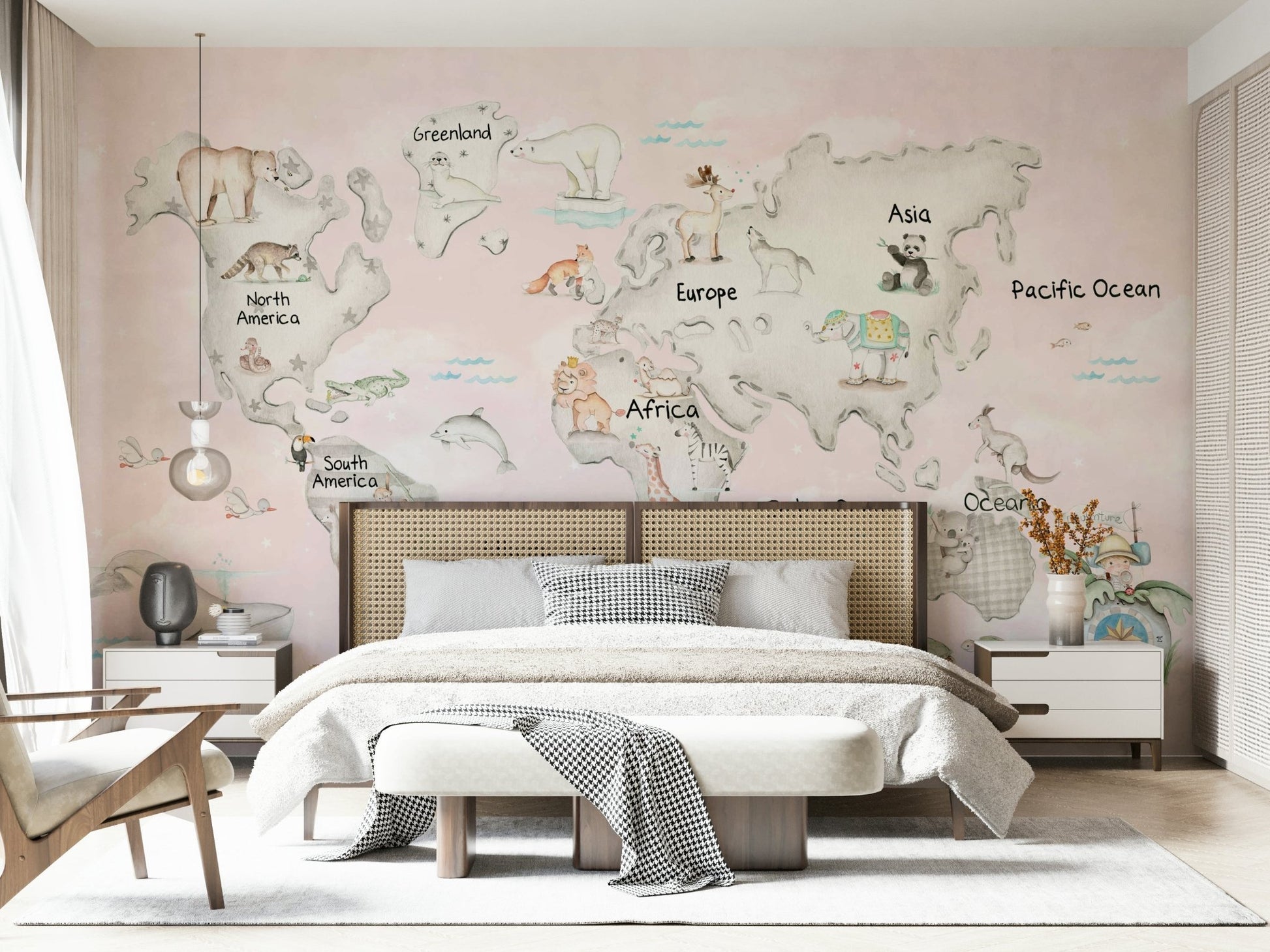 Playful animal map mural for toddlers bedroom.