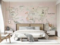 Playful animal map mural for toddlers bedroom.