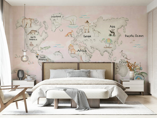 Playful animal map mural for toddlers bedroom.