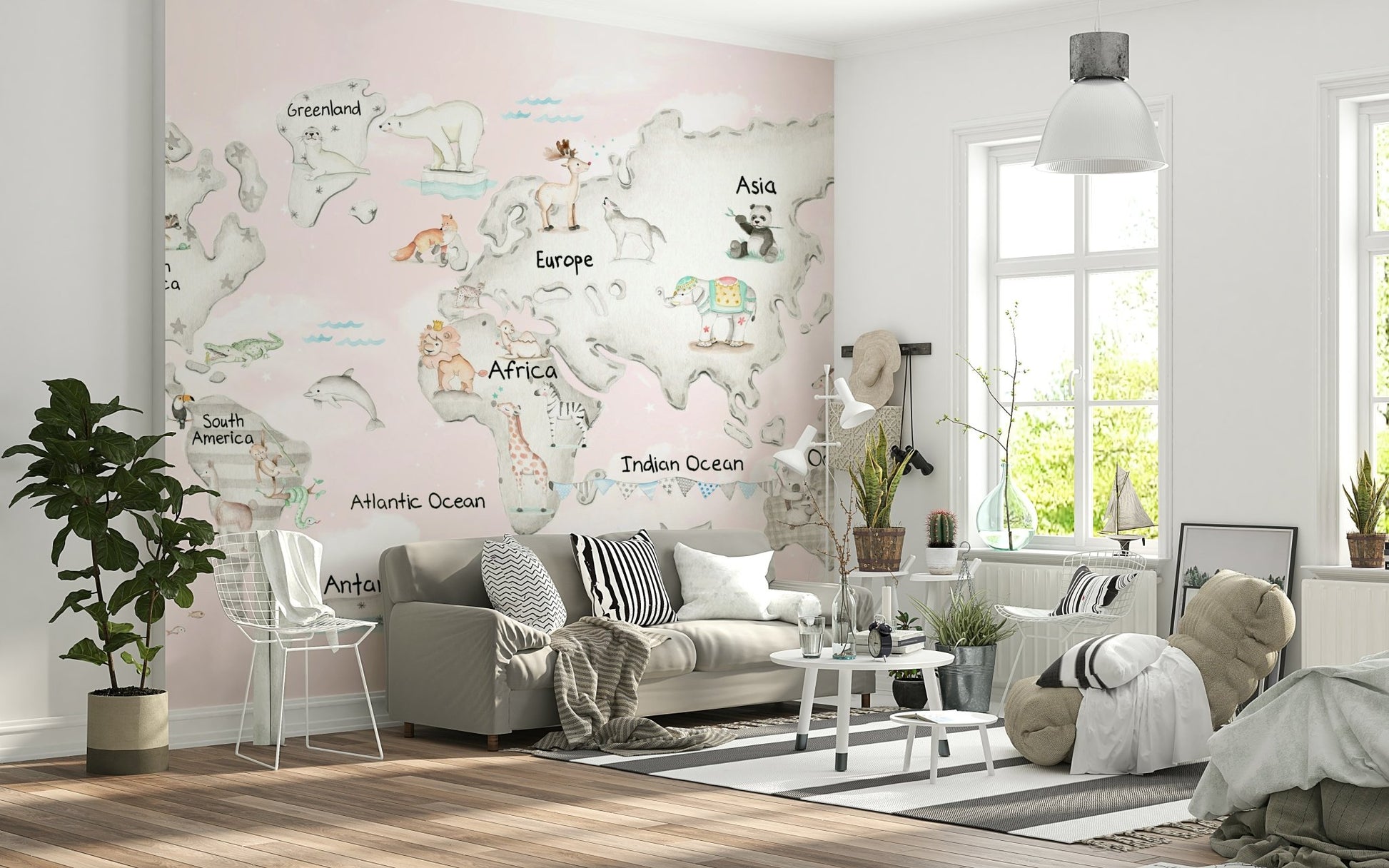 Blue animal map mural in a kids nursery room.