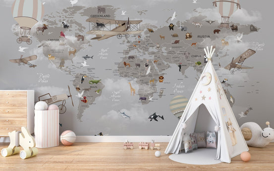 Animals Aloft Map Wall Mural in a playroom with a white teepee tent.