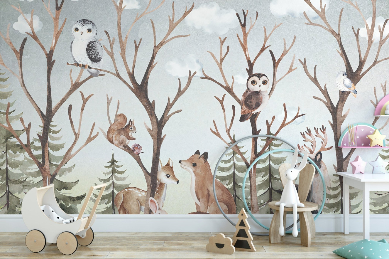 Animals in a tropical forest wall mural design for modern nursery.