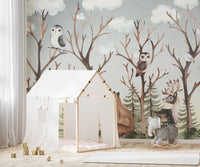 Animals brown tropical forest wall mural displayed in a playroom with a white tent.