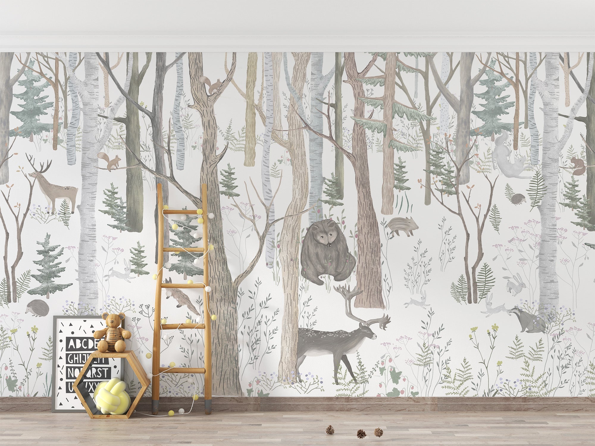 Animals nursery wallpaper mural with forest trees and wildlife illustration.