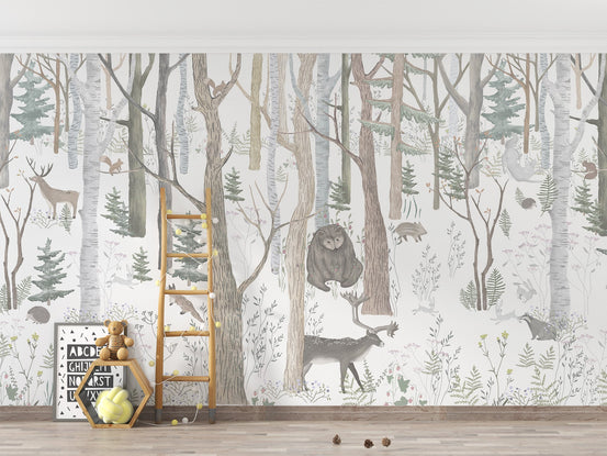 Animals nursery wallpaper mural with forest trees and wildlife illustration.
