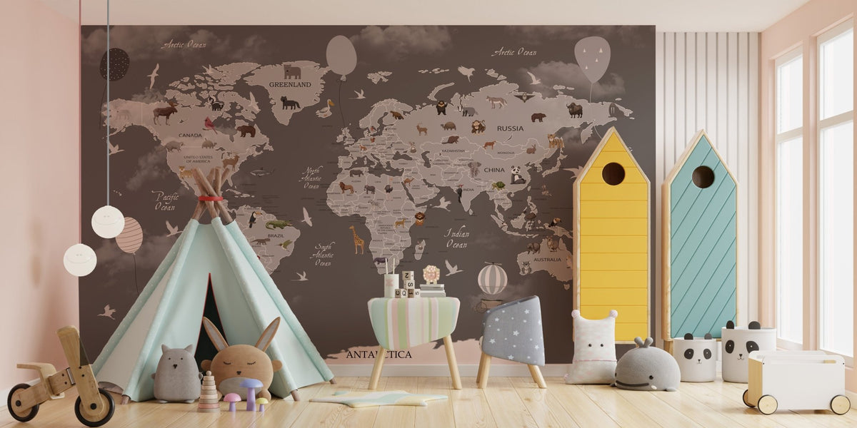 Kids play room featuring animals world map wall mural and a light blue play tent.