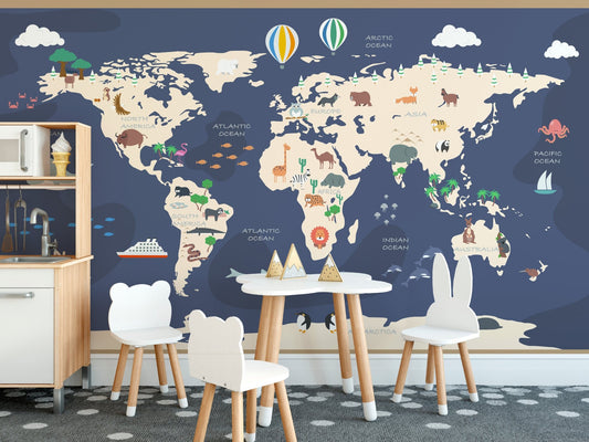 Educational atlas map wall mural with a white desk and wooden chair.