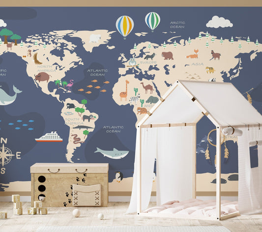 Animated atlas wall mural behind a white canopy tent in a play area.