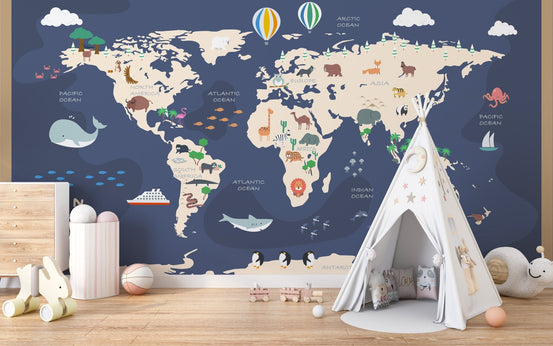 Cartoon world map adventure wall mural with a white teepee tent on a light floor.
