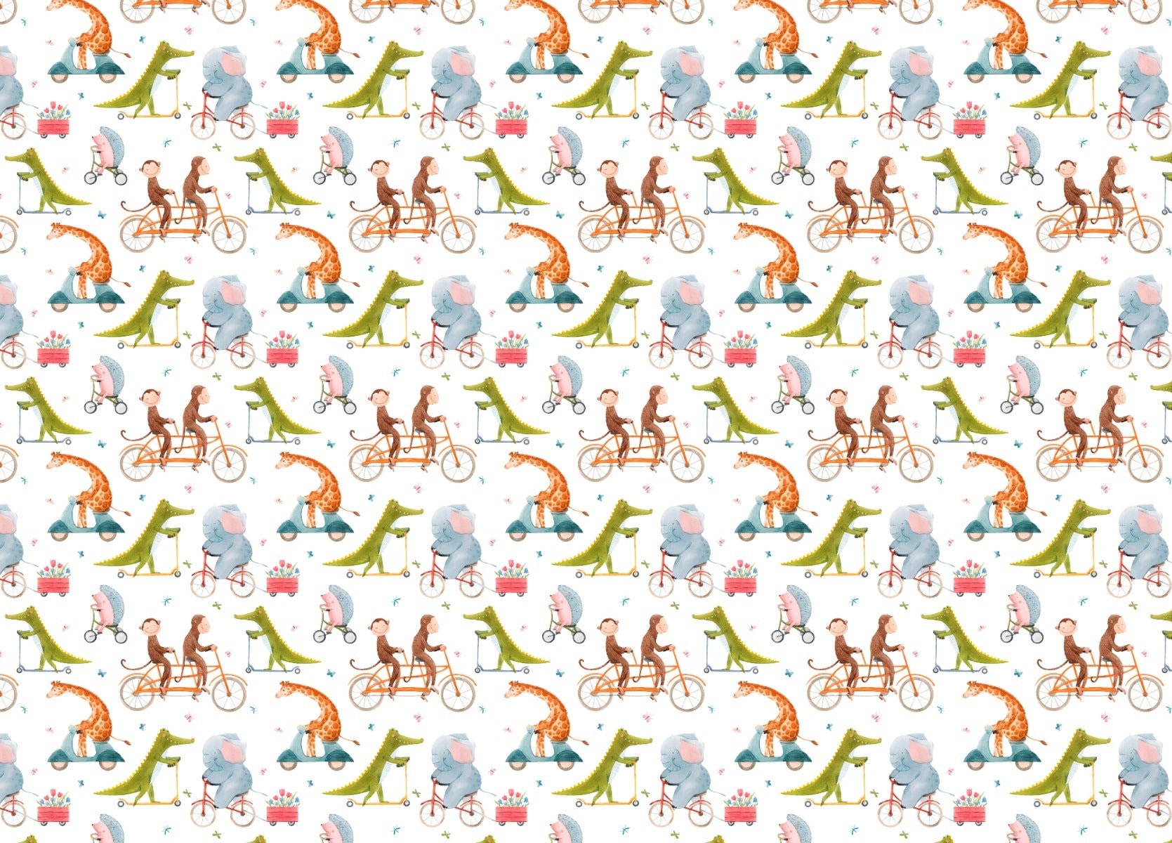 Cute Cartoon Cycling Animals Kids Room Wallpaper