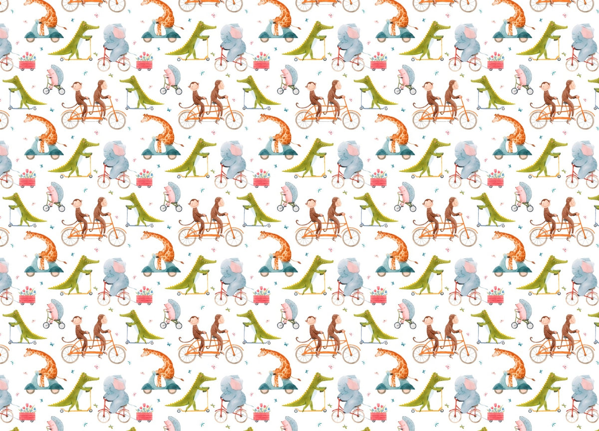 Cute Cartoon Cycling Animals Kids Room Wallpaper in your room — zoomed