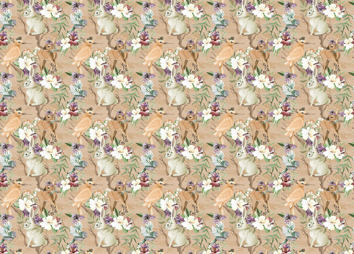 Vintage Enchanted Woodland Forest Animals and Birds Wallpaper in your room — zoomed