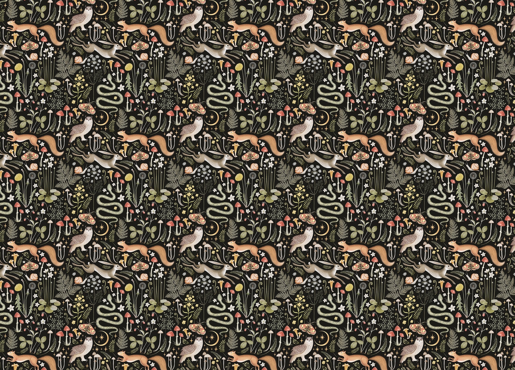 Fairy Forest Seamless Pattern Black Background Wallpaper