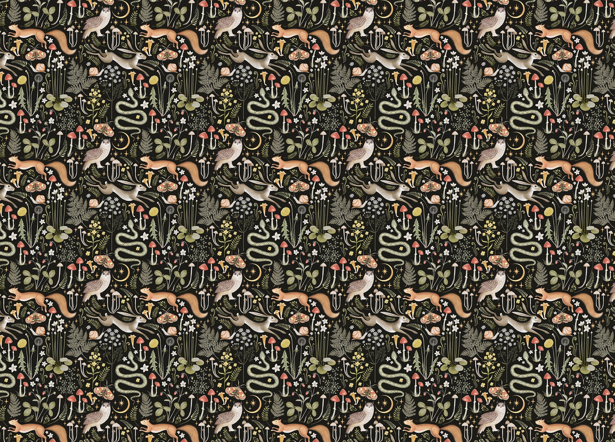 Fairy Forest Seamless Pattern Black Background Wallpaper in your room — zoomed