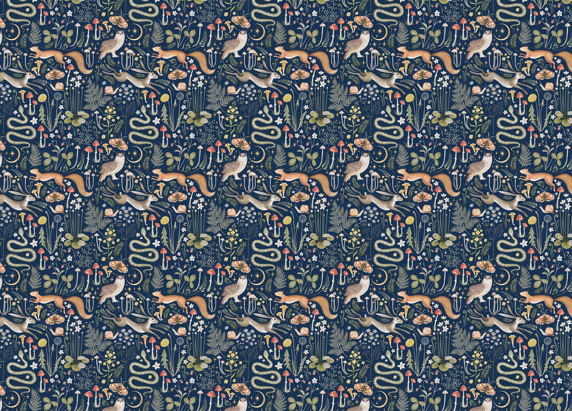 Fairy Forest Seamless Pattern Dark Blue Background Wallpaper