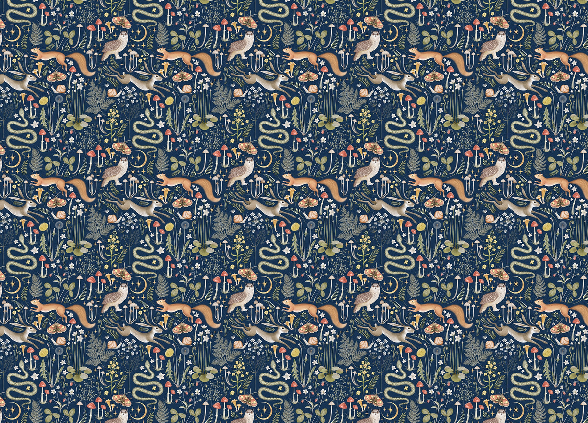 Fairy Forest Seamless Pattern Dark Blue Background Wallpaper in your room — zoomed