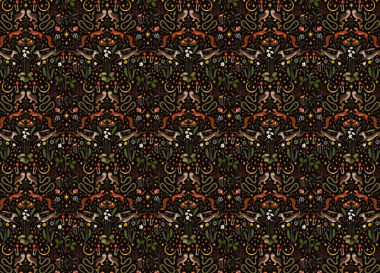 Owl Flowers and Mushrooms Repeat Pattern Wallpaper