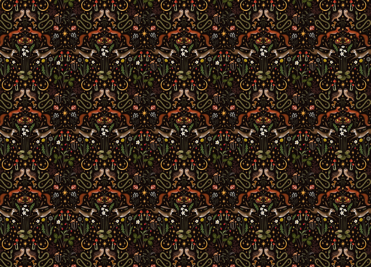Owl Flowers and Mushrooms Repeat Pattern Wallpaper