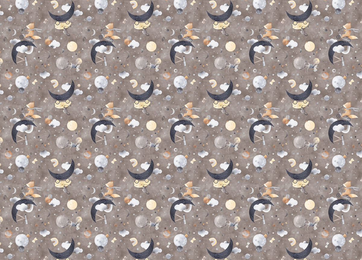 Fox Mouse in Space Dark Brown Animals Play in Clouds Wallpaper in your room