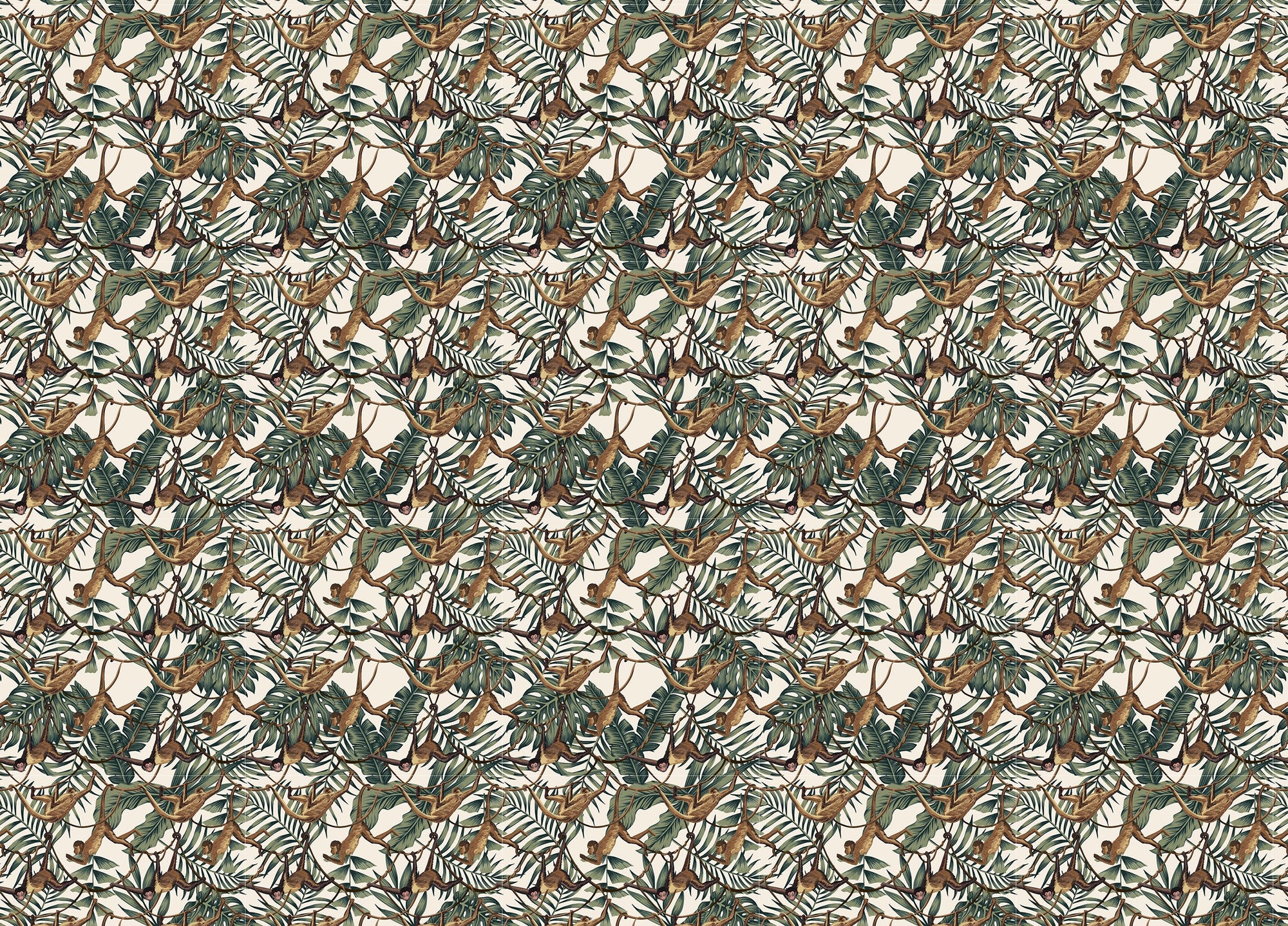 Monkeys on Creepers Green Tropical Leaves Wallpaper