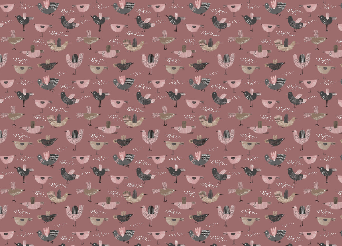 Pastel Seamless Pattern Hand Drawn Birds Dark Pink Wallpaper in your room — zoomed