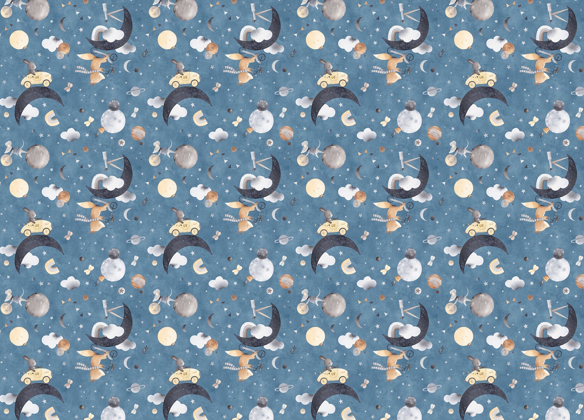 Fox Mouse Space Animals Play in Clouds Blue Color Wallpaper