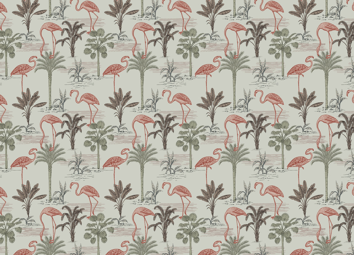 Tropical Ink Drawn Palm Trees Pink Flamingo Floral Wallpaper in your room — zoomed