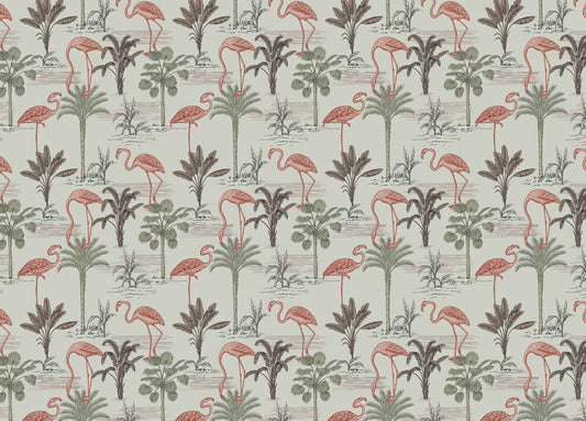 Tropical Ink Drawn Palm Trees Pink Flamingo Floral Wallpaper