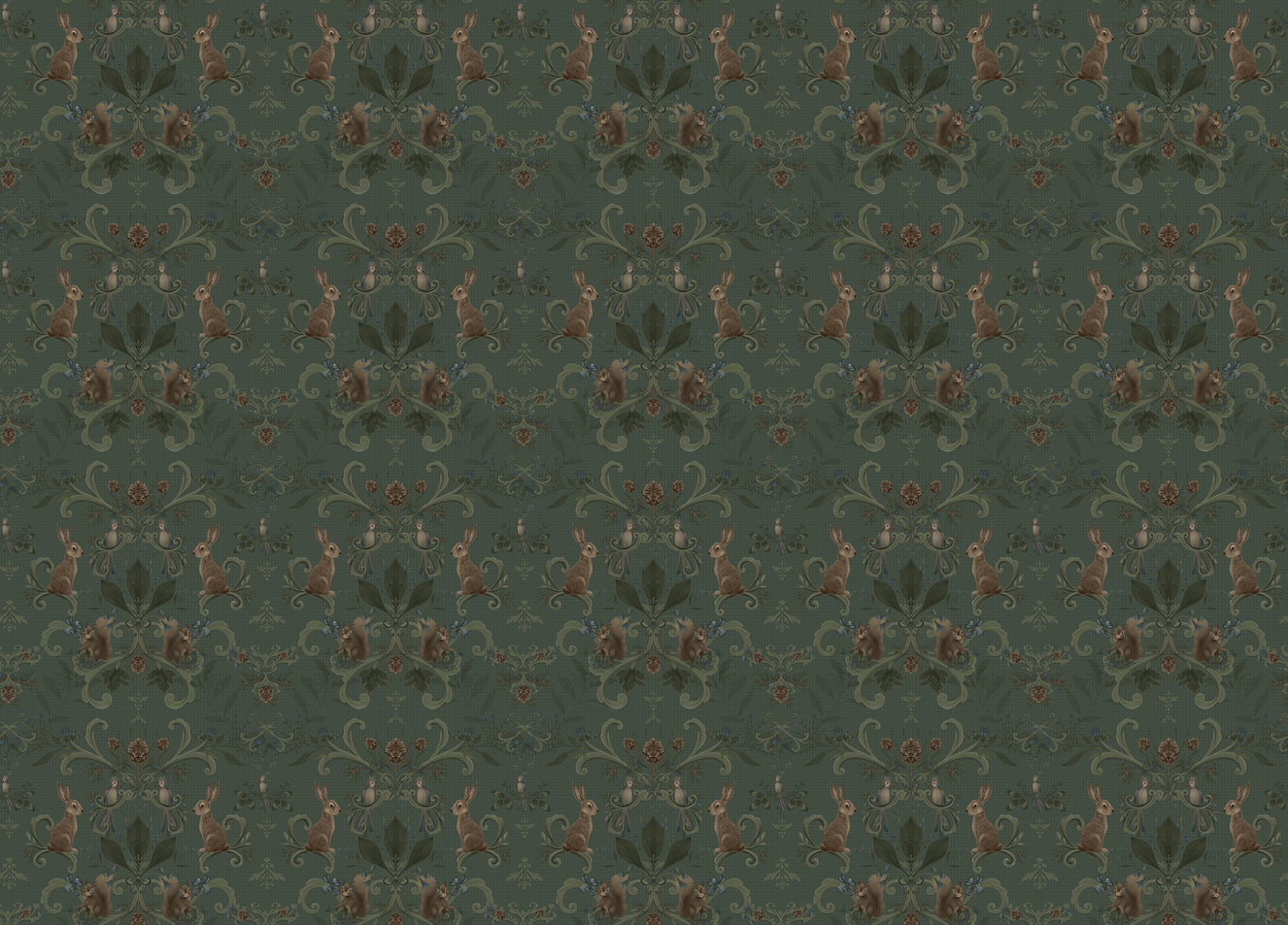 Victorian Forest Woodland Animals Green Color Wallpaper