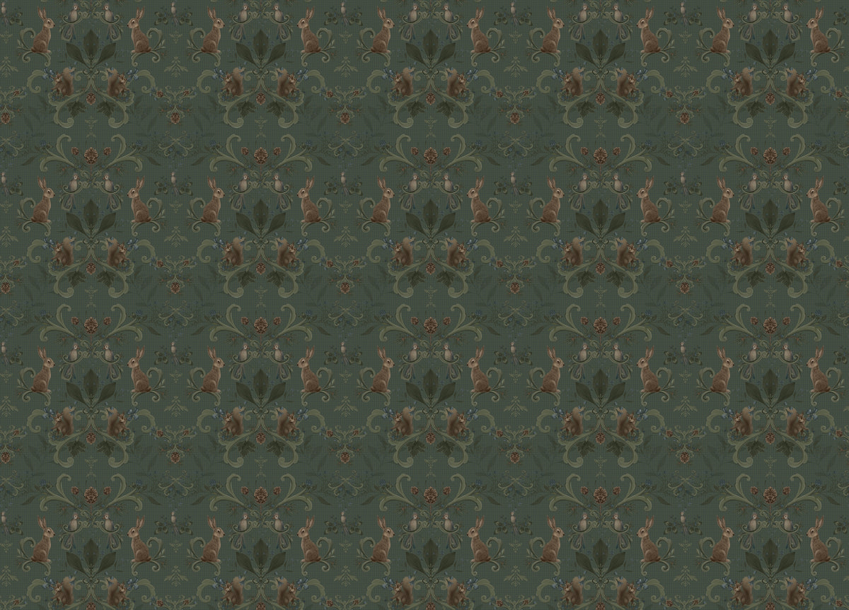 Victorian Forest Woodland Animals Green Color Wallpaper in your room — zoomed